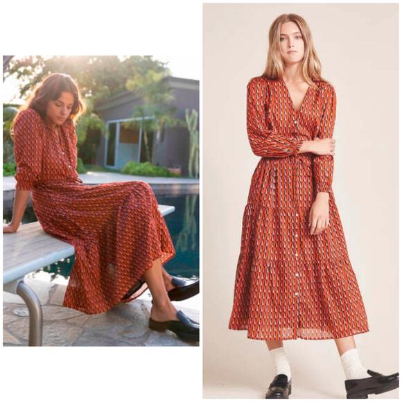 Trovata Birds of Paradis L Geometric Print Button Front Midi Dress Orange Long - Picture 7 of 11